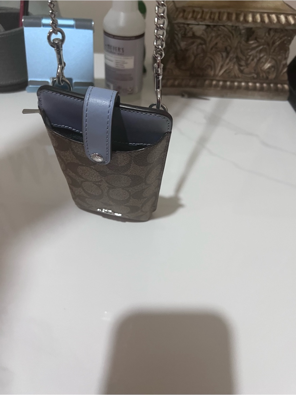 Coach Mini Crossbody Phone Pouch in Brown and Light Blue